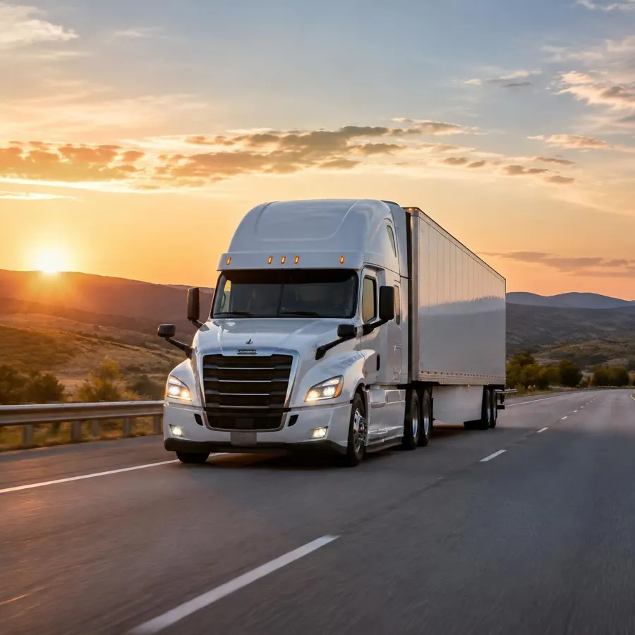 White semi-truck driving on an open highway