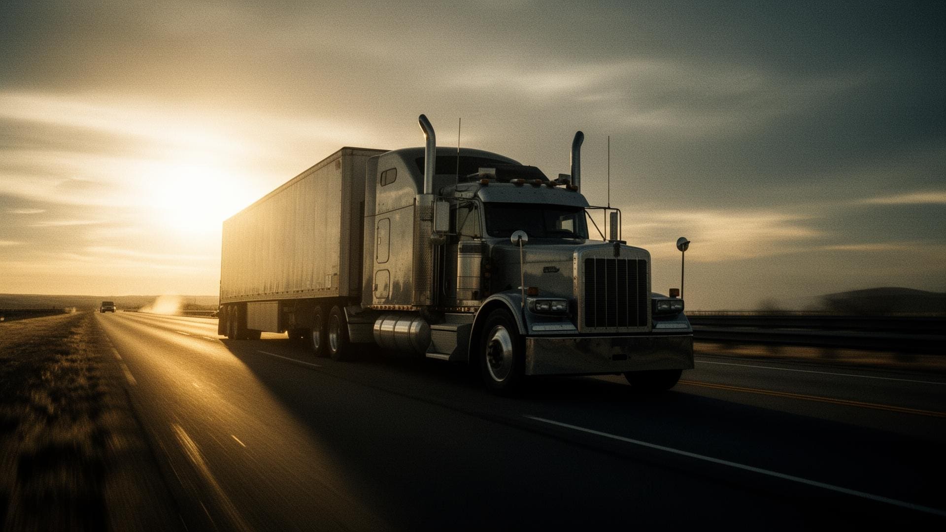 Long-haul truck on highway at sunset